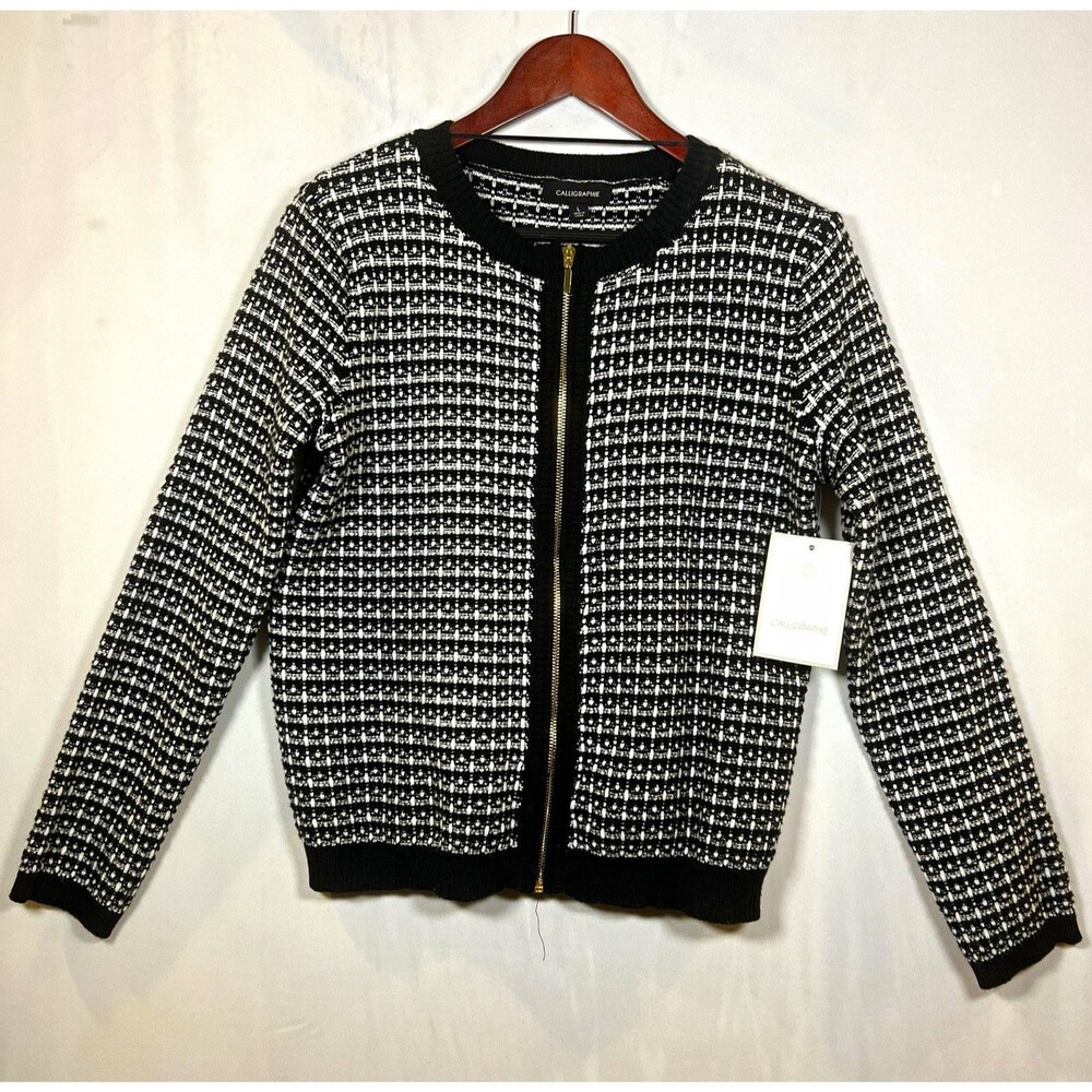 Calligraphie Women’s Cardigan Black/White Check Knit Full Zip Crew Neck Size L
